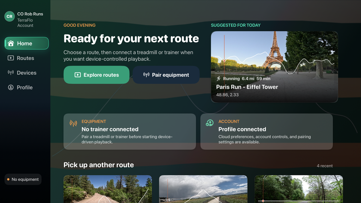TerraFlo Home on Apple TV with a suggested Paris route, Explore routes and Pair equipment actions, and equipment status